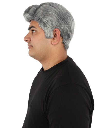 HPO Men's Silver Dark Grey Short Swept Wig | Flame-Retardant Synthetic Fiber with Capless Cap | Ideal for Theater, Halloween and Cosplay