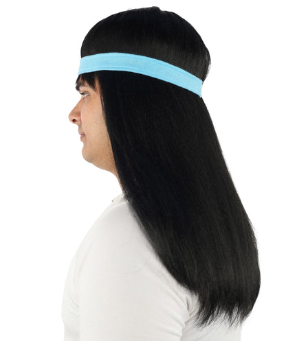 HPO Men's Long Auburn Wig with Headband | Straight Reddish Texture with Blunt Bangs & Included Teal Band, Heat Resistant Fiber | Halloween, Troll Roleplay, Fantasy Party, Carnival & Theater