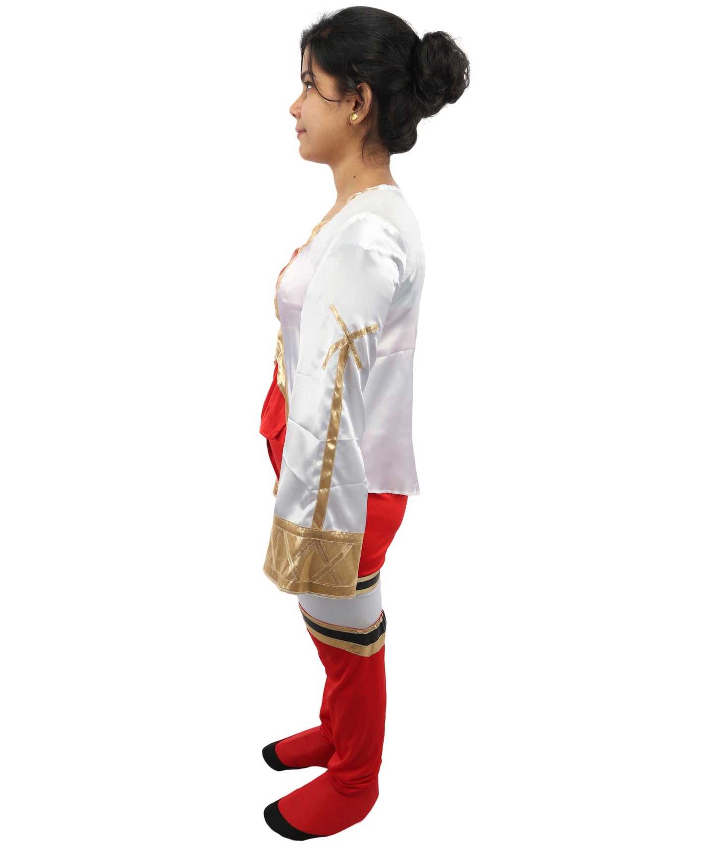 HPO Women's Anime Warrior Fashion Suit | Vibrant red and white jersey satin construction featuring a body, pant, koti, and leg socks | Ideal for party, Halloween, cosplay, theater, drag, performance, costume events