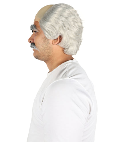 HPO Old Men's Short Dark Grey Wig Mustache & Eyebrows Set with Bald Cap | Funny Grandpa Cosplay Wig | Flame-retardant Synthetic Fiber