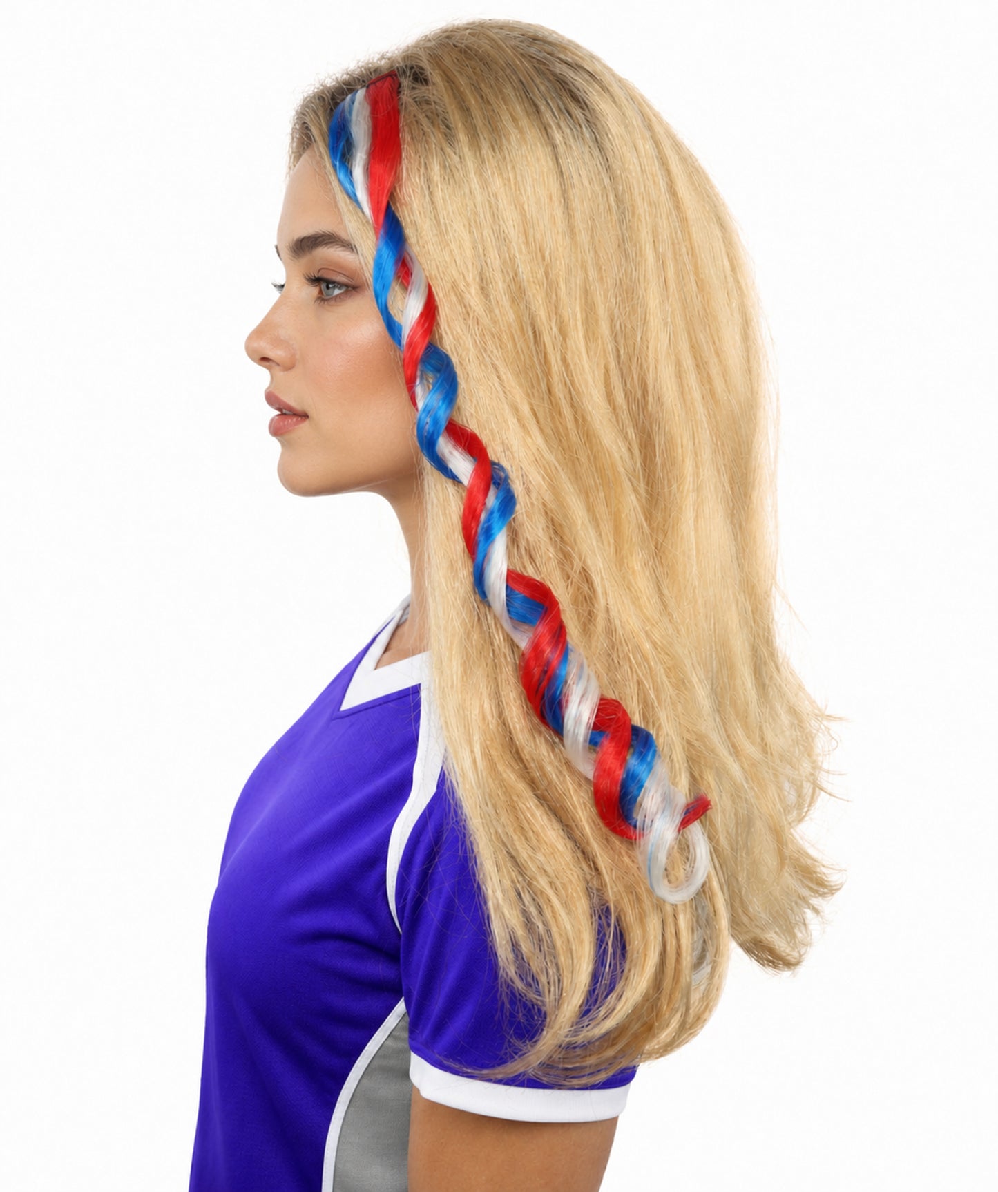 HPO Women's International Curly Hair Extension | Coiled red, white, and blue synthetic fibers featuring a twisted attachment design | Ideal for party, Halloween, cosplay, theater, drag, performance, costume events