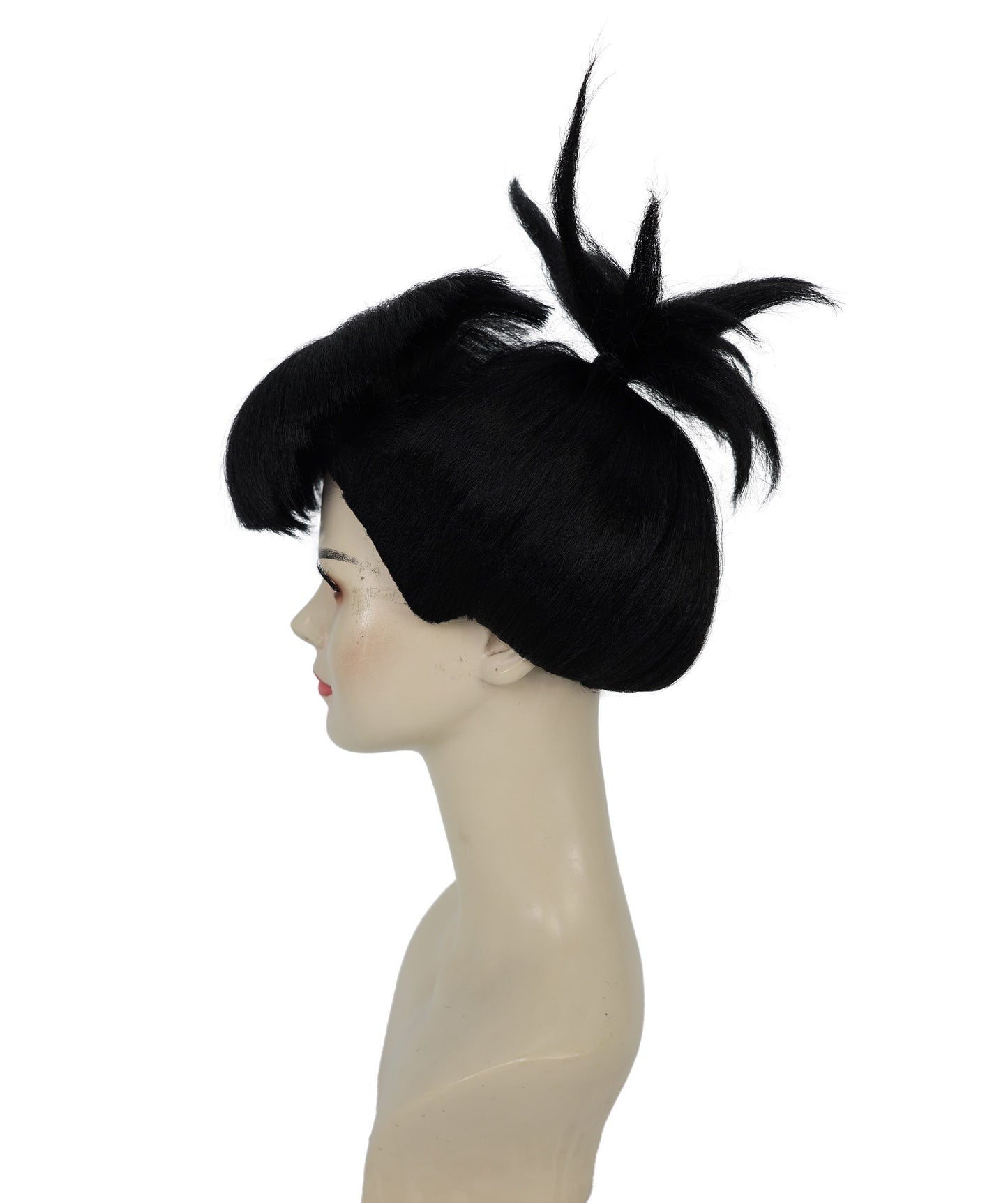 HPO Adult Women’s Sculpted Spiked Bun Wig with Blunt Bangs | Halloween Wig | Flame-Retardant Synthetic Hair with Breathable Capless Design