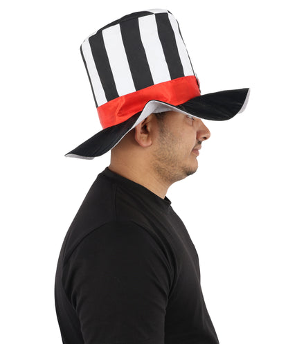 HPO Men's Striped Circus Mini Hat | Black and White Pattern with Red Ribbon and Gothic Cameo | Ideal for Halloween, Theater, Drag, and Carnival Performance Events