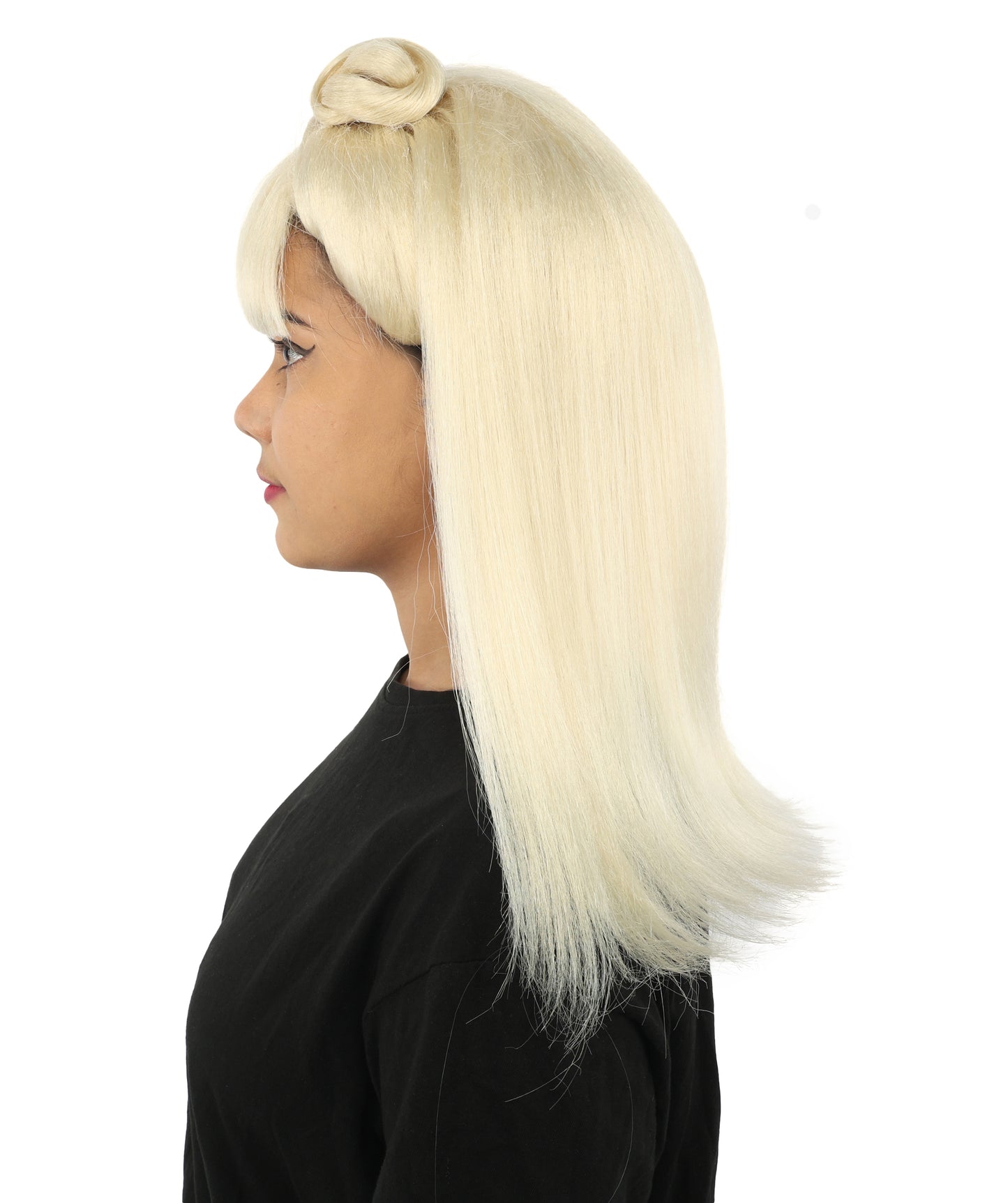HPO Women's Brown & Pink Half Updo Bangs Wig | Create of synthetic fiber, blunt fringe with top bow, breathable base | Party, Halloween, theater, drag, performance, costume events