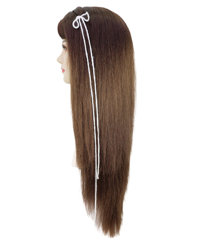 HPO Adult Women’s Elegant Long Brown Wig with Highlights and Curtain Bangs | Natural Straight Style | Ideal for Halloween | Breathable Capless Cap