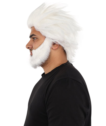 HPO Men’s 11-Inch White Spiky Wig with Beard Set |  Ideal for Cosplay, and Themed Events | Bold Style for Fun and Creative Looks