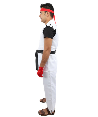HPO Men's Martial Arts Fighter Outfit | White GI Costume with Body, Pant, Belt, Gloves, Headband | Video Game Fighter costume For Cosplay & Themed Battle Events