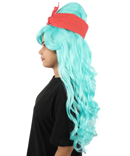 HPO Women’s Retro Beehive Wig with Red Bow | Multicolor Options | Extra Long Wavy Fancy Dress Accessory | Fancy Dress Accessory | Celebrity-Inspired Hair for Halloween, Cosplay & Music Tribute Parties