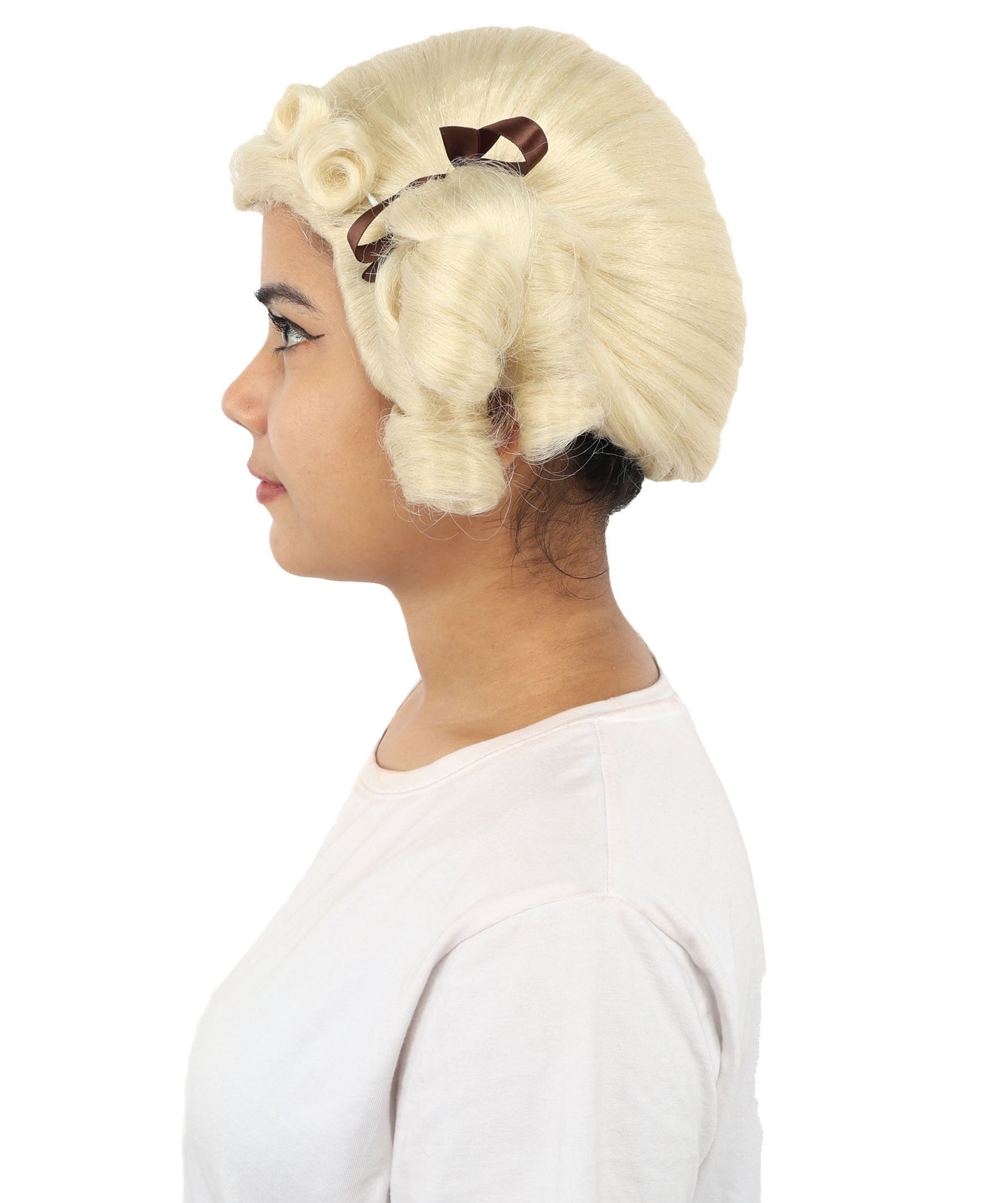 HPO Women's Golden White Mixed Curly Pigtail Wig | Messy Ringlet Twin Tails with Attached Fabric Ribbons, Synthetic Fiber & Breathable Cap | Halloween, Movie Character Roleplay, Costume Party & Theater