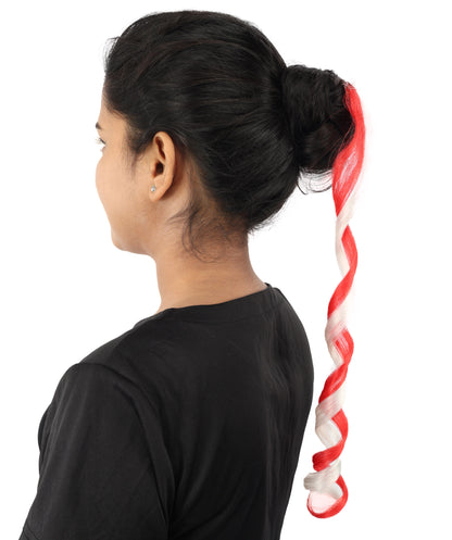 HPO Women's International Curly Hair Extension | Coiled red and white synthetic fibers featuring a twisted attachment design | Ideal for party, Halloween, cosplay, theater, drag, performance, costume events