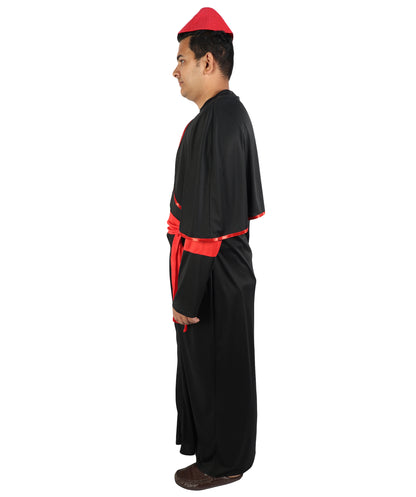 HPO  Men's Clergy Bishop Costume | Traditional Black Cassock Red Robe Sholder Cape Magenta Satin Waist Sash Matching Zucchetto Cap | Halloween Cosplay Theater Drag Performance Costume Events