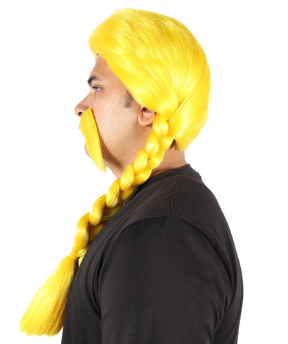 Voluminous Fashion Yellow Braided Pigtails Wig & Mustache | Bold Cartoon-Inspired Hairpiece for Halloween, Cosplay, Parties & Stage