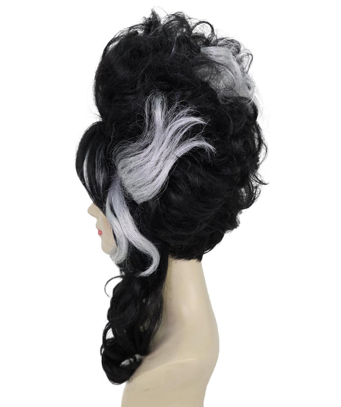 HPO Adult Frankenstein Beehive Wig for Women | Halloween Updo Wig with White Streaks | Black Synthetic Hair | Flame-Retardant | Capless Cap | Horror Bride Costume Wig