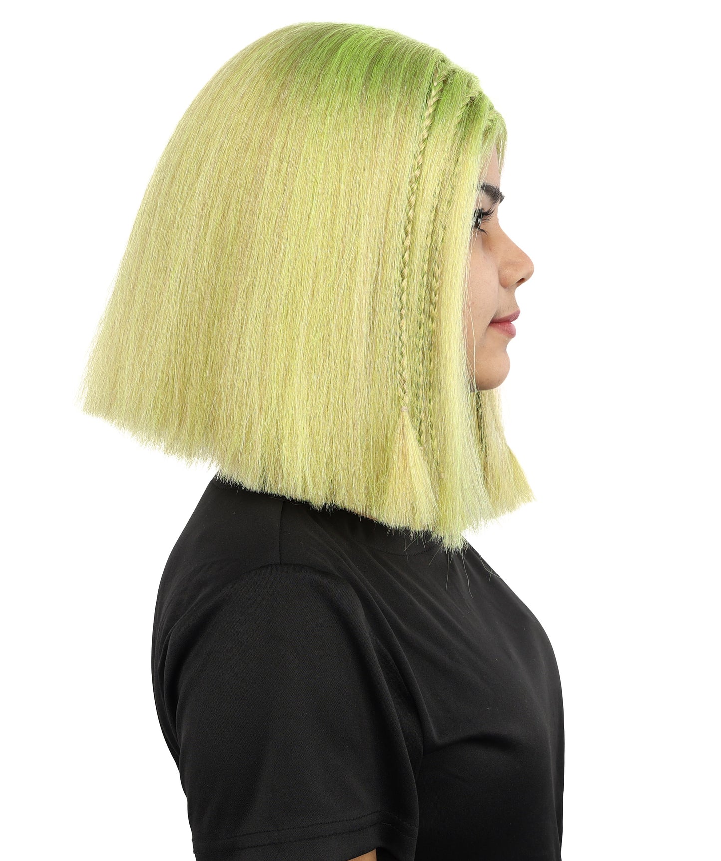 HPO Celebrity-Style 11 Inch Green Rooted Blonde Front Braided Straight Wig | Shoulder-Length Fun, Bold, and Stylish Hairpiece  | Ideal for Halloween, Cosplay, and Themed Parties