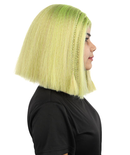 HPO Celebrity-Style 11 Inch Green Rooted Blonde Front Braided Straight Wig | Shoulder-Length Fun, Bold, and Stylish Hairpiece  | Ideal for Halloween, Cosplay, and Themed Parties