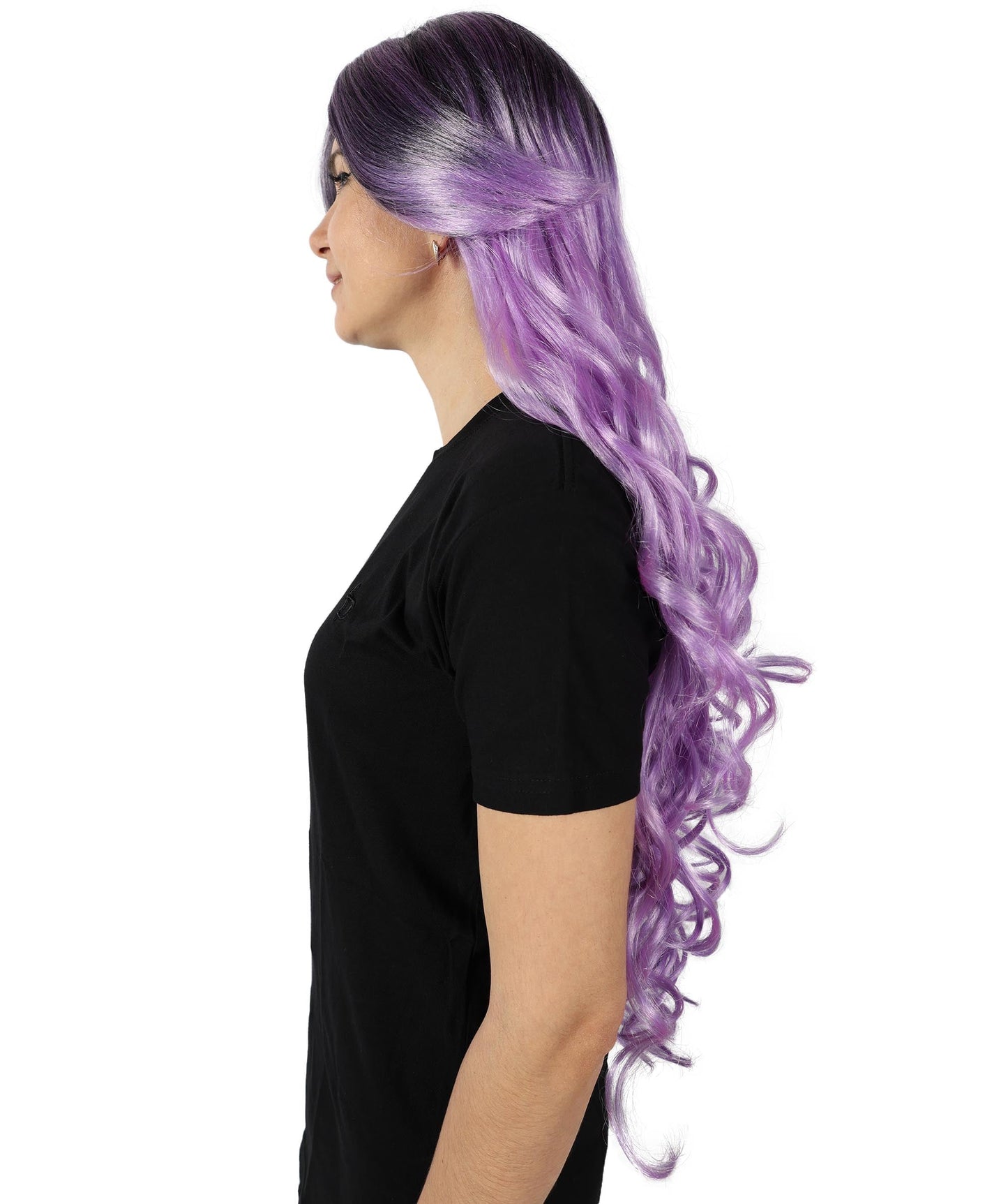 HPO Adult Women's Extra Long Curly Black & Purple Glamour Gothic Wig | Halloween and Cosplay Wig | Flame-retardant Synthetic Fiber |