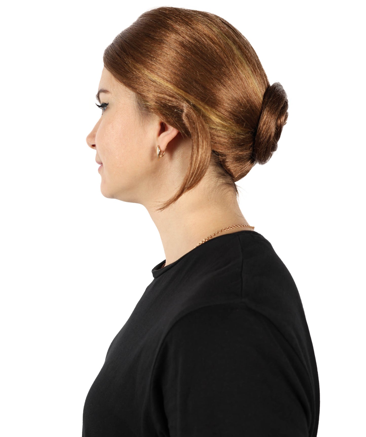 HPO Women’s Gaming Character Brown Low Bun Wig with Side Part | Synthetic Hairpiece | Ideal for Cosplay, Halloween, and Themed Events