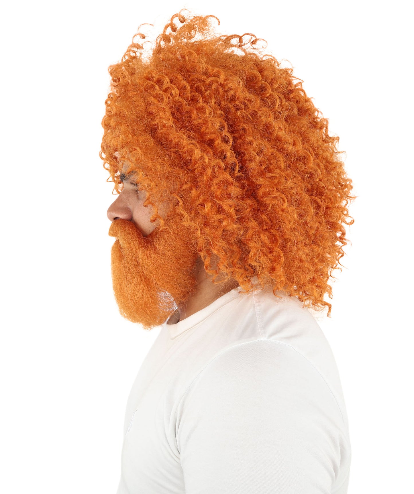 HPO Men's Wild Caveman Orange Wig Beard & Mustache Set | Massive Frizzy Orange Afro and Full Beard Set with Messy Texture | Prehistoric Costume, Viking Cosplay, Halloween, and Funny Party Props