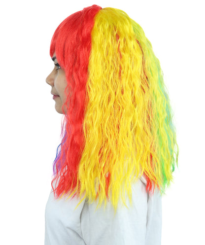 HPO Women’s 17 Inch Curly Rainbow Wig with Side Bangs—Colorful Long Hairpiece with breathable Capless Cap | Ideal for Halloween, Cosplay, Pride and Drag Shows