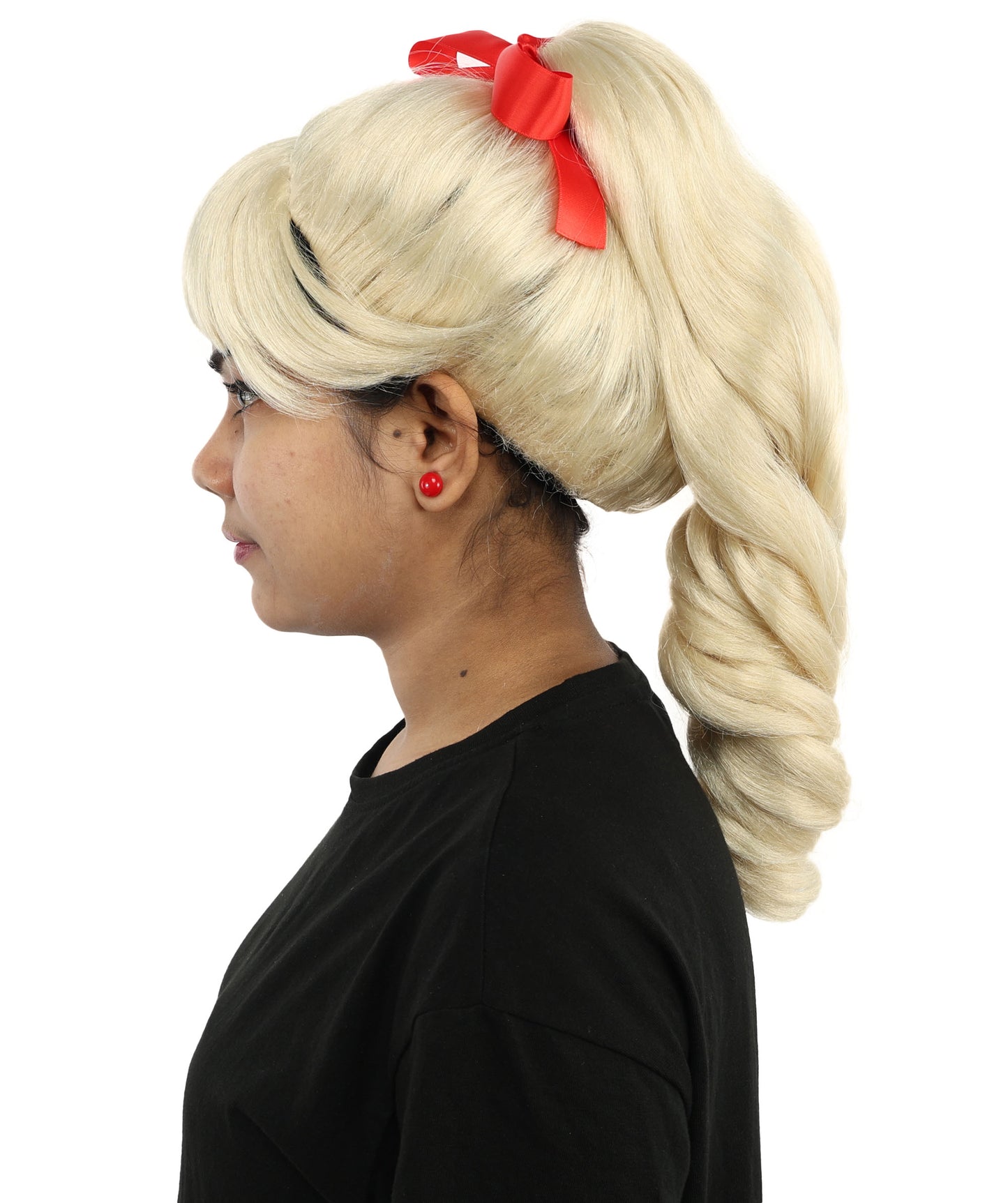 HPO Women's Spiral Ponytail Wig | Multicolor Options | High Updo with Red Ribbon Bow & Bangs, Heat Friendly Synthetic Fiber & Breathable Cap | Halloween, Christmas Event, Themed Party, Theater & Roleplay