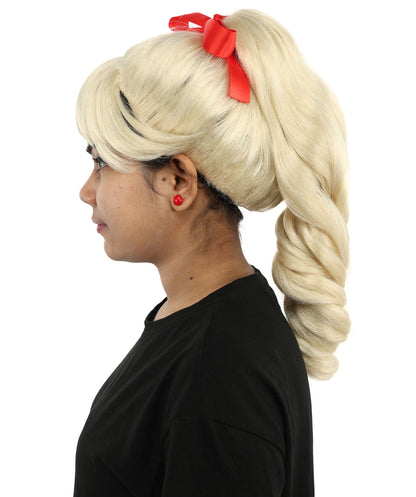 HPO Women's Spiral Ponytail Wig | Multicolor Options | High Updo with Red Ribbon Bow & Bangs, Heat Friendly Synthetic Fiber & Breathable Cap | Halloween, Christmas Event, Themed Party, Theater & Roleplay