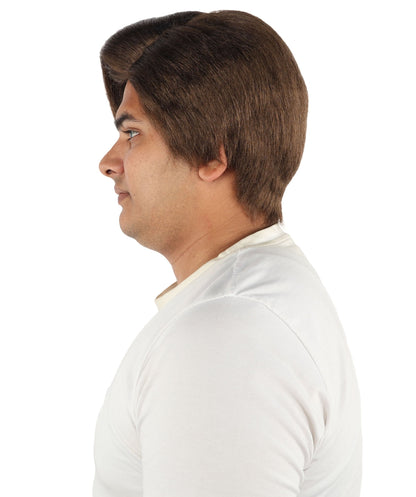 HPO Adult Men's Short Black Side Swept Wig | Thick Layered Bangs with Natural Texture,  Adjustable Cap | Halloween, Themed Party, Stage Performance & Roleplay