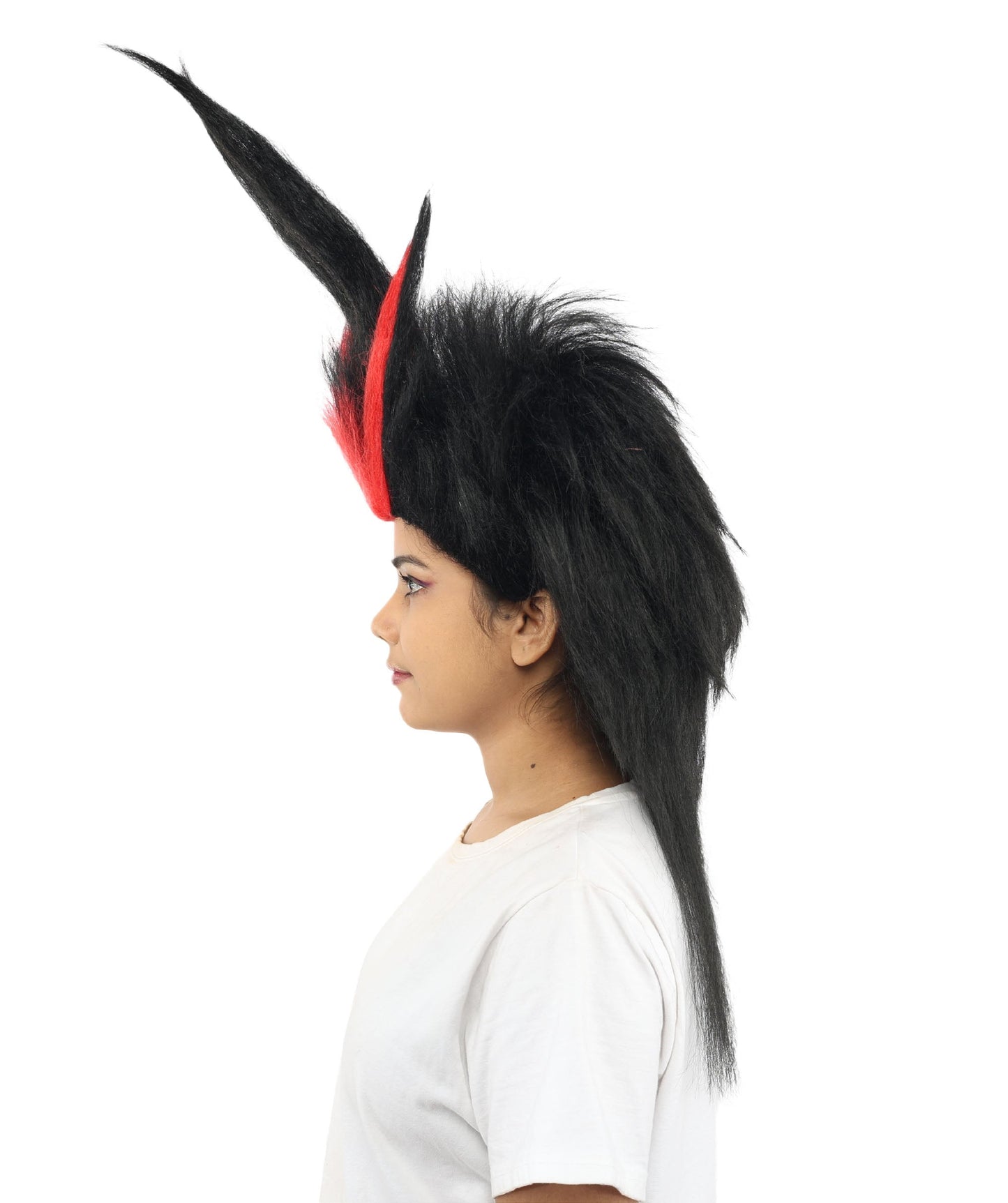 Adult Women’s Black Spiked Horn Wig | Fantasy Hair with Red Accents | Ideal for Gothic Cosplay and Halloween Events