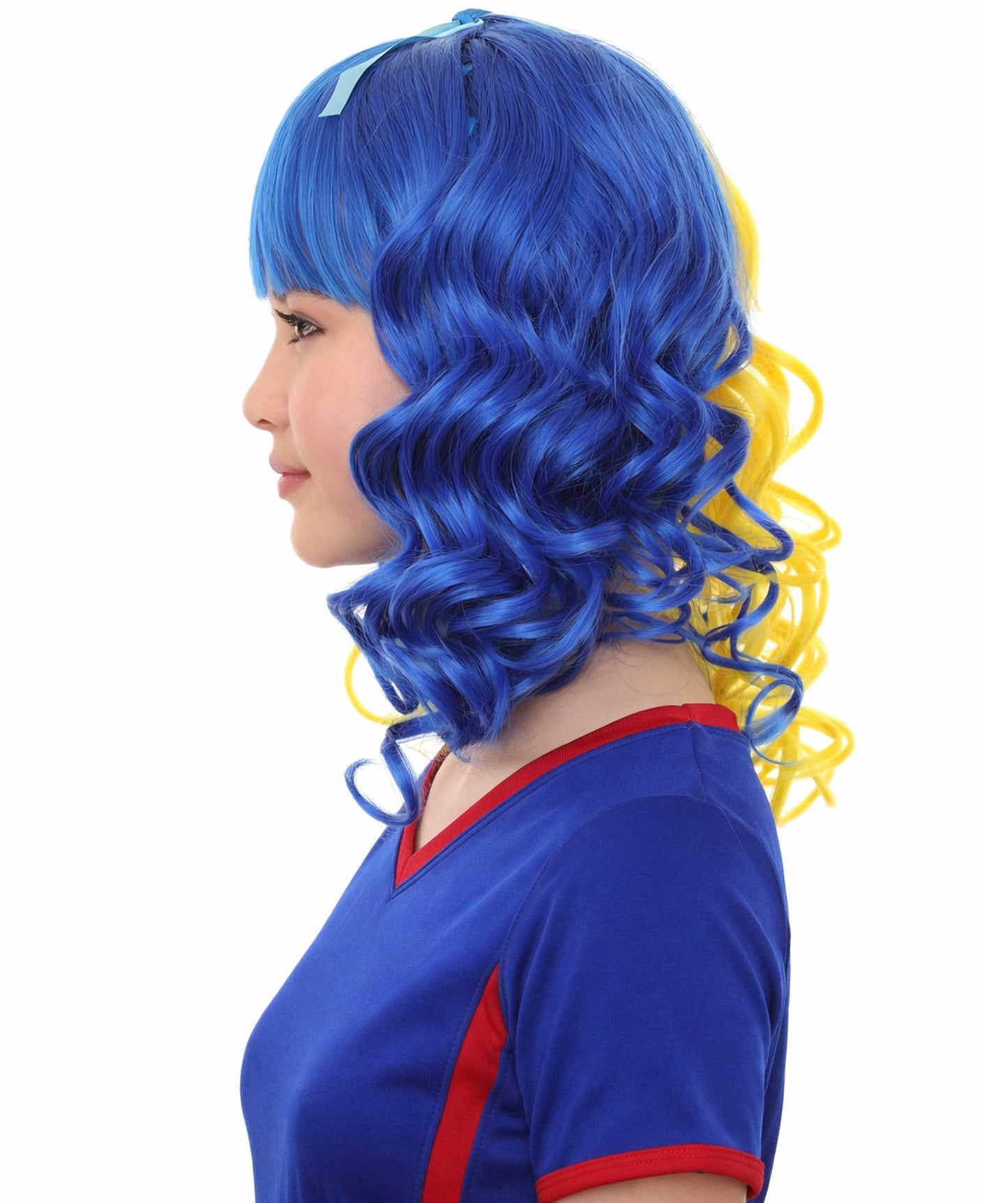 Bright Night Wig | Blue Yellow Curly Halloween Wig | Premium Breathable Capless Cap