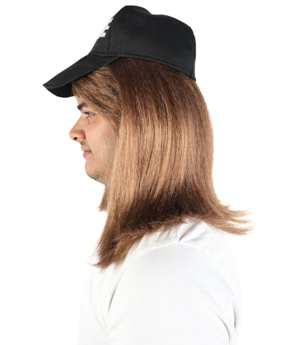 HPO Men’s Brown Retro Wig with Black Slogan Cap | Straight Layered Hair Accessory for Parties, Cosplay & Dress-Up Looks | Lightweight Capless Cap Design