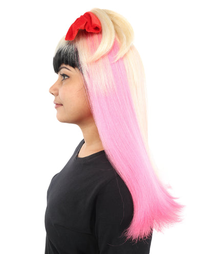 HPO Women’s Black & Blonde Medium-Length Straight Wig with Pink Tips | Flame-retardant Synthetic Fiber | Lightweight Capless Design for Halloween and Cosplay