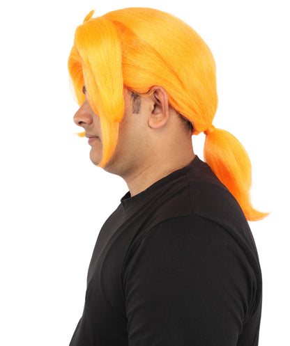 HPO Men's Golden Blonde Curtain Bang Wig | Shoulder Length Wavy Surfer Style, Heat Resistant Synthetic Fiber & Breathable Net | Halloween, Funny Roleplay, Theater, 90s Party & Costume Events