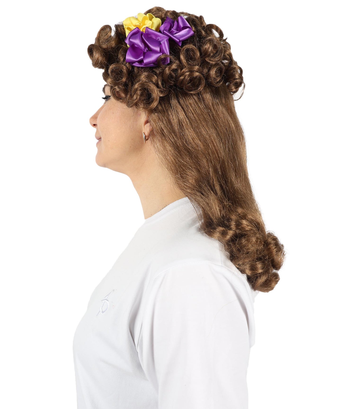 HPO Women's Popular series The Regency Romance Shoulder length Curly Brown Wig | Halloween Wig | Flame-retardant Synthetic Fiber