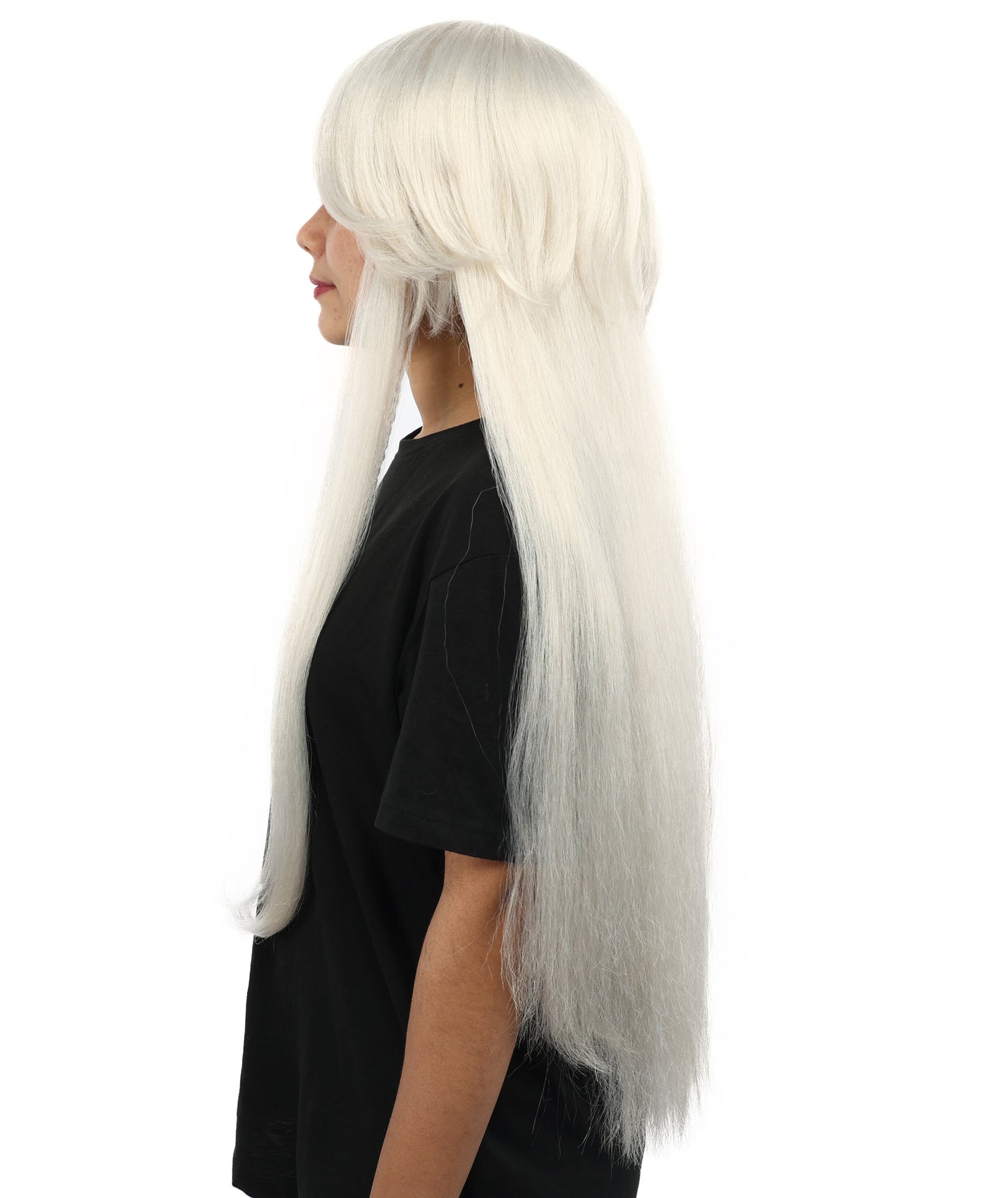 HPO Women’s 32” Silver Grey Bangs Wig | Extra Long Straight Synthetic Wig | Breathable Cap for Halloween, Roleplay, Theater, Party & Character Costumes