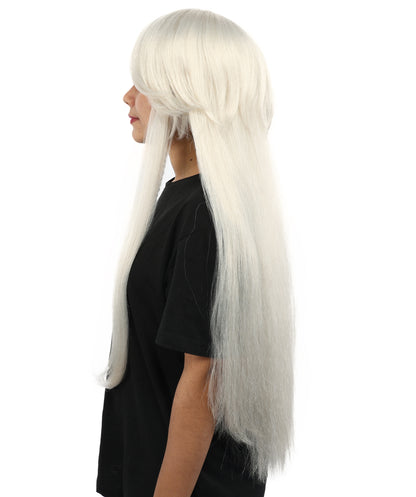 HPO Women’s 32” Silver Grey Bangs Wig | Extra Long Straight Synthetic Wig | Breathable Cap for Halloween, Roleplay, Theater, Party & Character Costumes