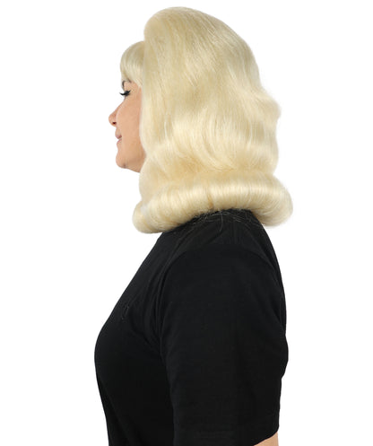 HPO Adult Woman 60's Flick-Up Blonde Wig – Retro Flipped Bob for Vintage & Costume Parties,Premium Breathable Capless Cap with Flame Retardant Synthetic Fiber Hair