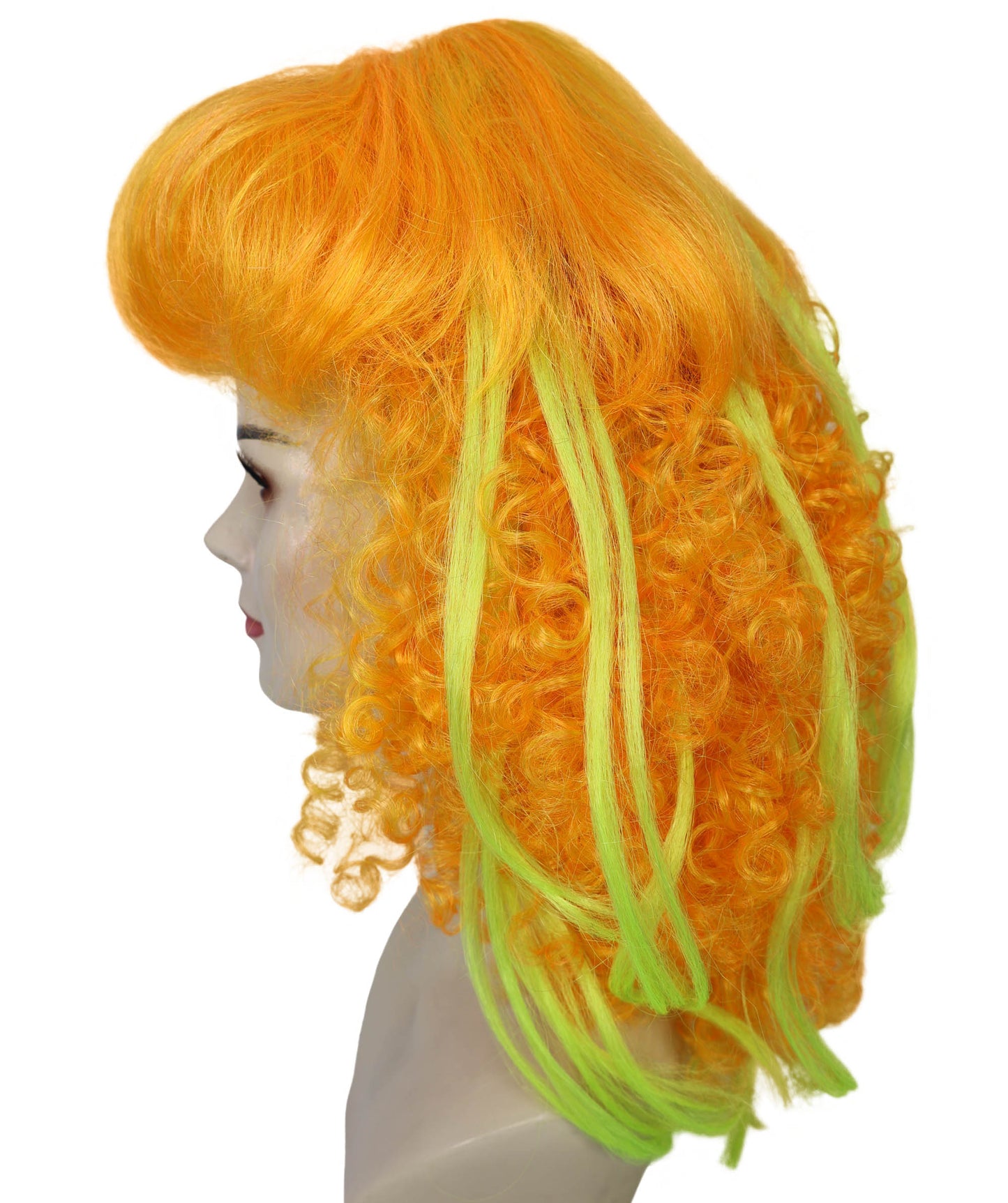 HPO Orange and Green Long Curly Wig for Women – Vibrant Gradient Party Wig with Bangs | Cosplay Fancy Dress Hairpiece for Halloween, Carnivals, Costume Events and Fun Nights