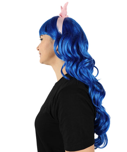 HPO Women's American Singer Medium Length Blue Wavy Pink Bow Wig | Halloween Wig | Flame-retardant Synthetic Fiber