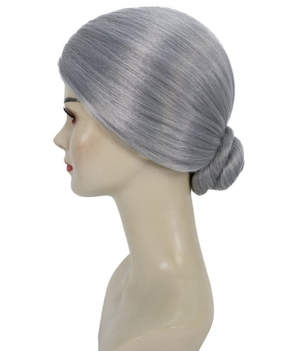 HPO Adult Female EG Old Woman Grey Straight Bun Wig, Synthetic Fiber Hair, Perfect for Halloween & Themed Parties, Breathable Capless Cap, Flame-retardant Synthetic Fiber