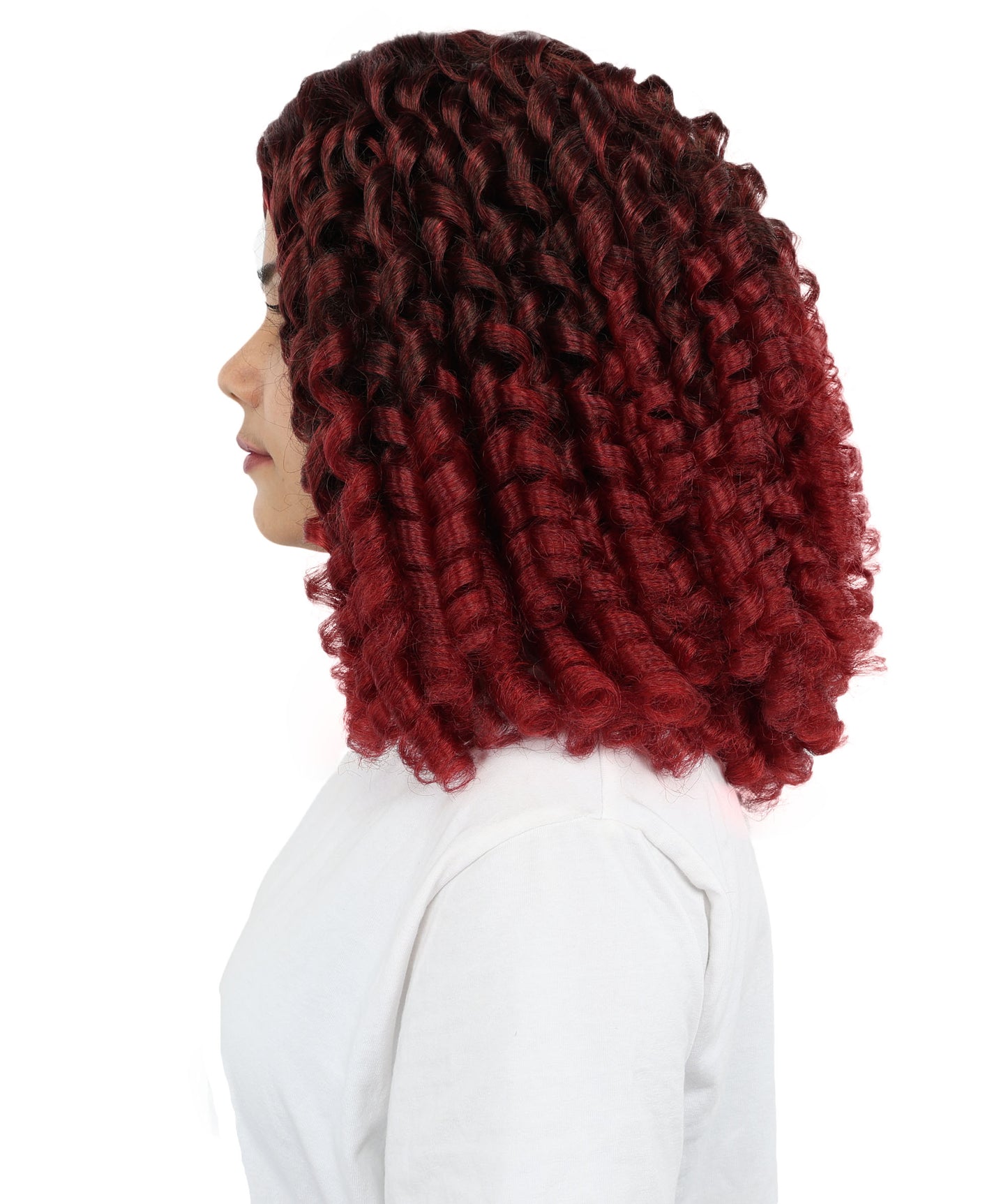 HPO Women's Burgundy Curly Wig | Medium Synthetic Hair with Intricate | Adjustable Breathable Cap for Cosplay, Halloween, Parties & Stage