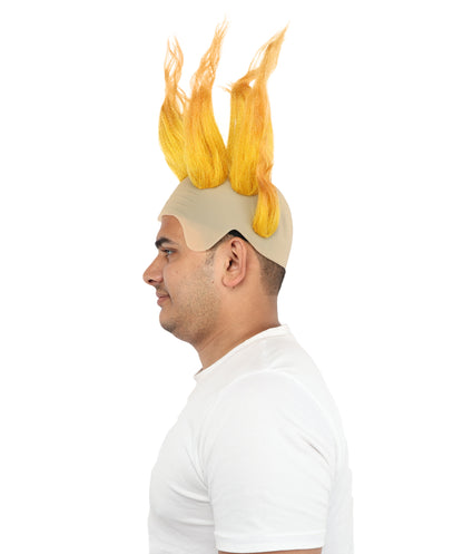 HPO Men's Flame Style Fantasy Spiked Wig – 16 Inch Yellow & Golden Mixed Wig with Breathable Cap | Anime Party Halloween and Cosplay Character Wig
