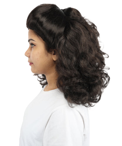 HPO Women's Wavy Dark Brown Curly Wig | Medium Length Textured Hair for  Fantasy Characters & Dress-Up | Cosplay Hairpiece Outfit for Party Looks, Themed Events