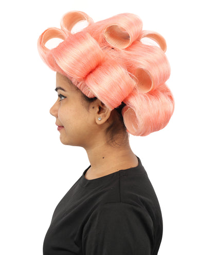 HPO Women's Retro Roller Set Pink Wig | Pastel peach tone, create of synthetic fiber, large cylindrical curler texture, capless cap | Party, Halloween, theater, drag, performance, costume events