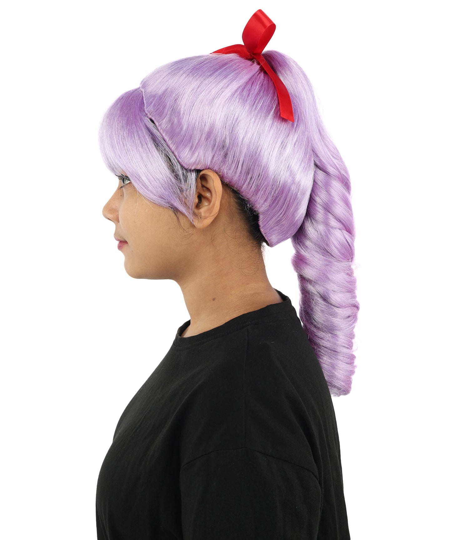 HPO Women's Spiral Ponytail Wig | Multicolor Options | High Updo with Red Ribbon Bow & Bangs, Heat Friendly Synthetic Fiber & Breathable Cap | Halloween, Christmas Event, Themed Party, Theater & Roleplay