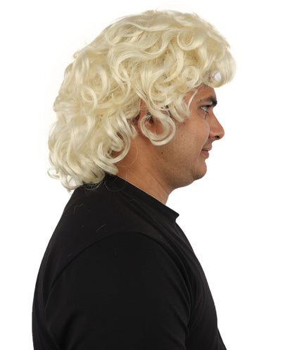 HPO Men’s 80s Light Brown Curly Mullet Wig | Flame-retardant Synthetic Fiber | Retro Movie Character Inspired Hairpiece for Cosplay & Halloween