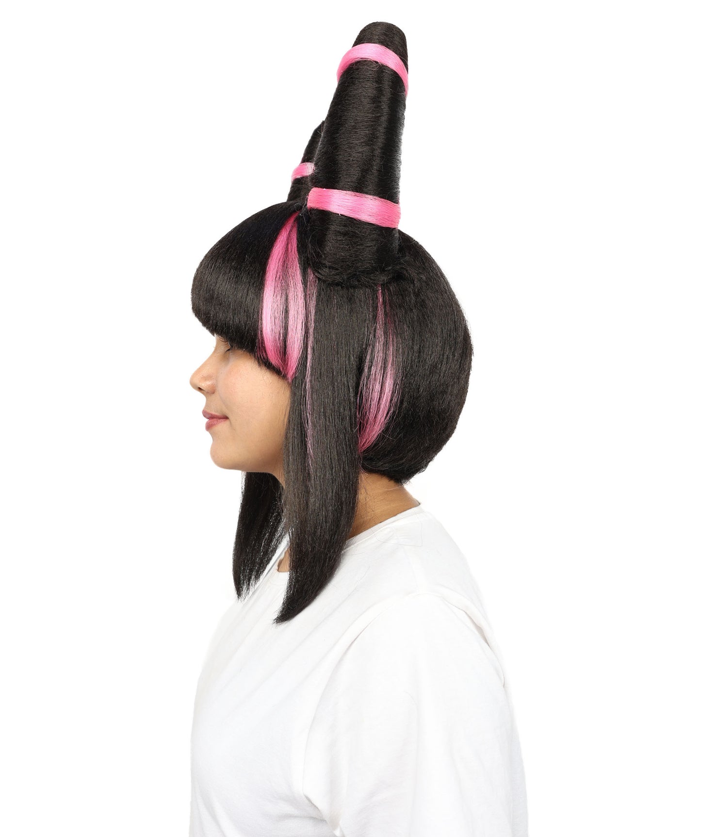 HPO Women’s Twin Bun Cosplay Wig | Black With Pink Spiky Hairpiece with Styled Double Buns | Synthetic Fibers with Adjustable Cap for Parties & Stage
