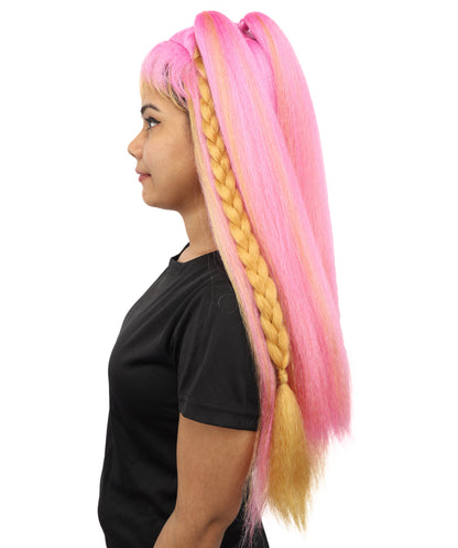 HPO Women's Pastel Candy Fantasy Wig | Pink and yellow gradient hues, create of synthetic fiber, long crimped texture with blunt bangs, breathable base | Party, Halloween, theater, drag, performance, costume events