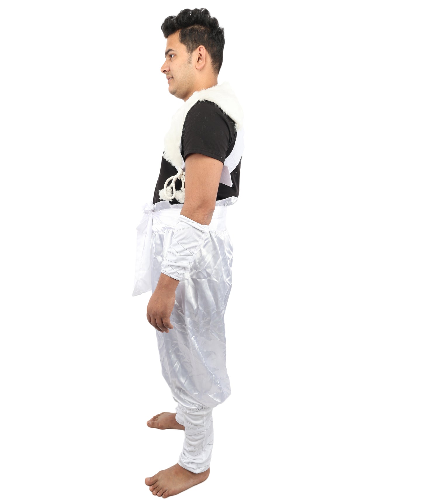 HPO Men's Anime Fighter Roleplay Suit | Crisp white satin construction featuring pants, dress, belt, and hand socks | Ideal for party, Halloween, cosplay, theater, drag, performance, costume events