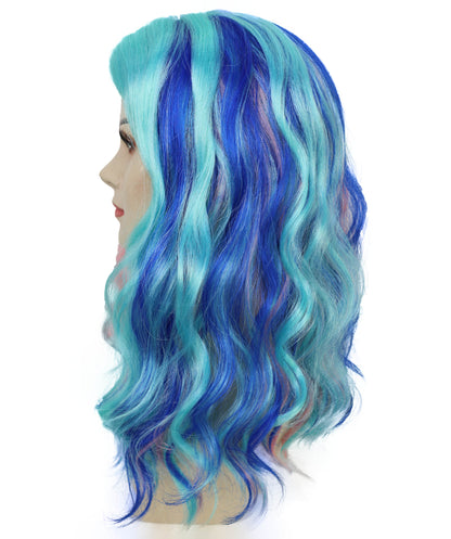 HPO Adult Vibrant Ombre Pink and Blue Water Ripple Curly Wig| Ideal for Halloween | Breathable Capless Cap