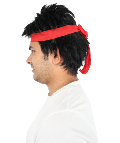 HPO Black Spiky Wig with Red Headband | Short Cosplay Hair for Men | Synthetic Fiber | Anime Outfit for Halloween, Events & Roleplay