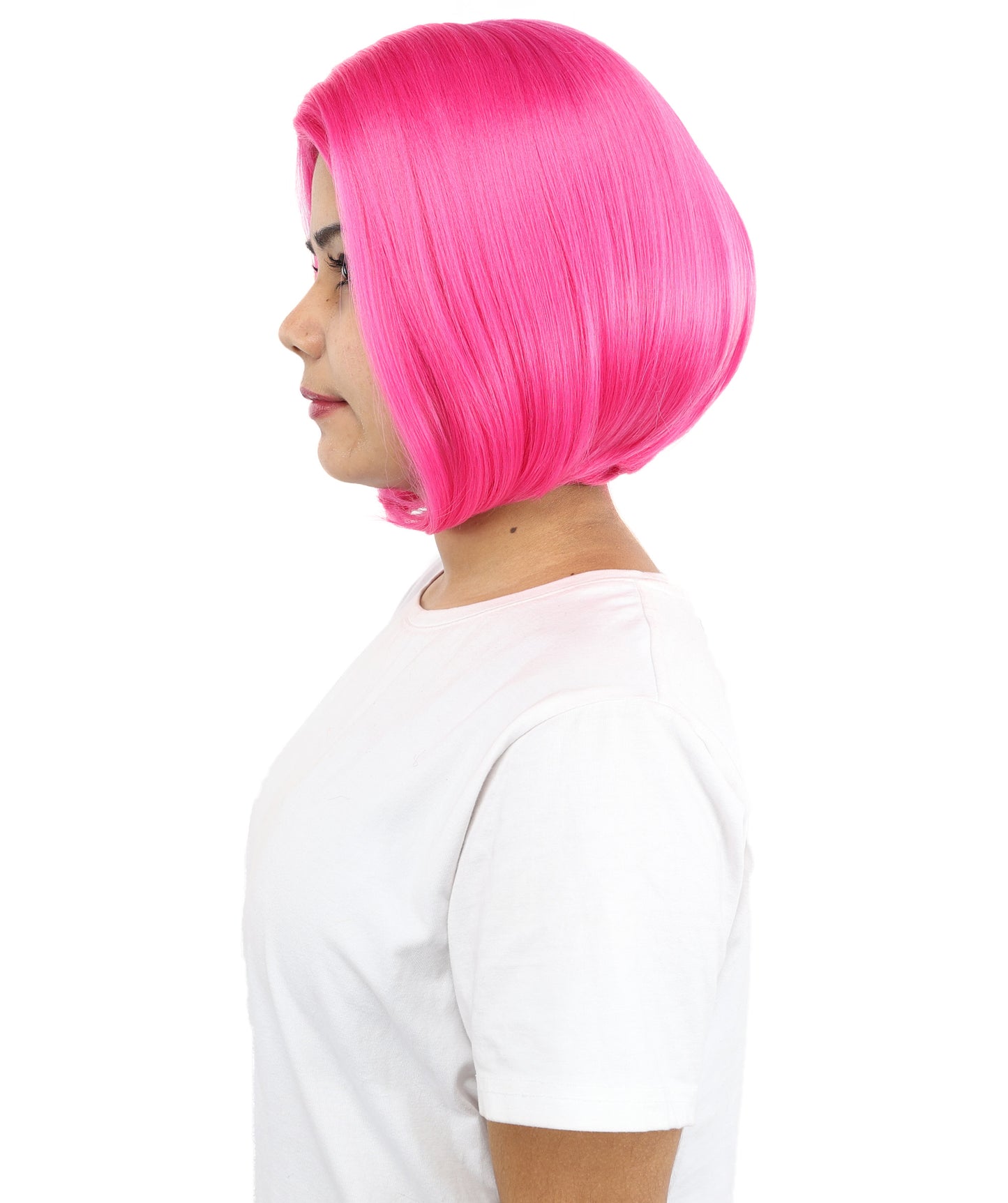 HPO Women’s Straight Pink Bob Wig – 10 Inch Chin-Length with Middle Part | Flame-retardant Synthetic Fiber for Halloween, Cosplay, Party & Festival Use